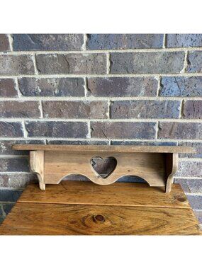 Vintage Rustic Wood Wall Shelf Heart Cutout 23.5” Wide Country Farmhouse Decor
